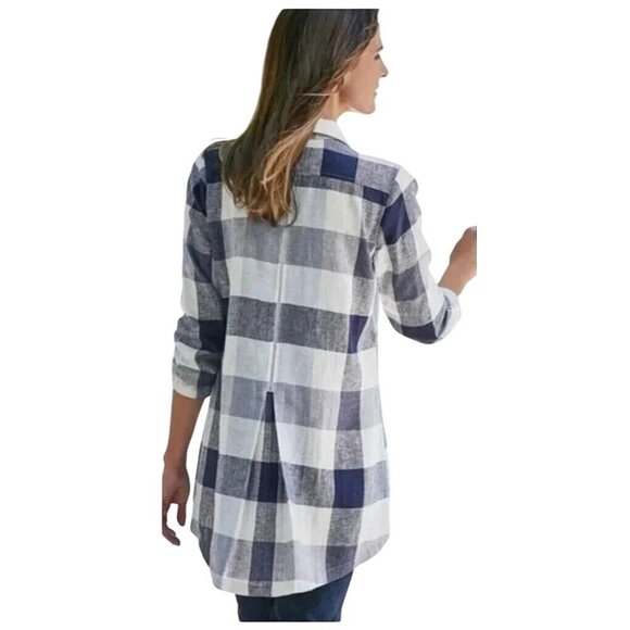 Soft Surroundings Plaid Blouse Button Up Zip Back Carreaux Linen‎ Blend #2BU60 M - Picture 2 of 12
